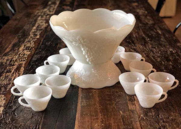 Milk Glass Punch Bowl Set  Art Deco Milk Glass Punch Bowl Set