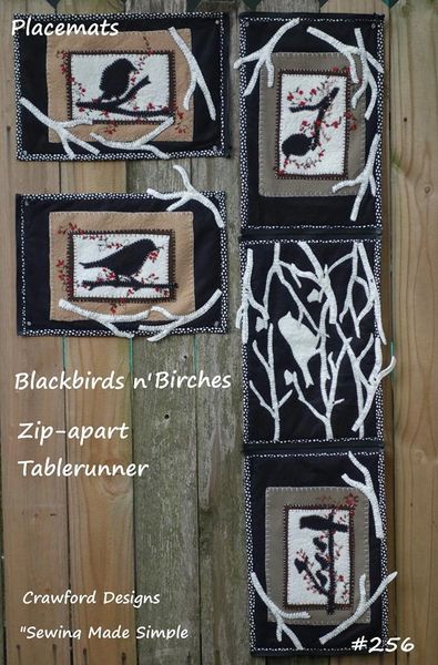 #256 Blackbirds n ' Birches pattern ( zip-apart table runner into placemats )