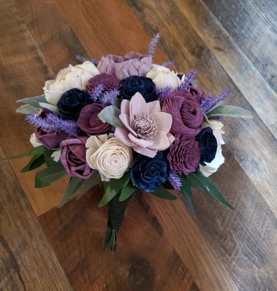 Purple Lavender Navy Off White Sola Wood Wildflower Bridal Bouquet, Moh Bridesmaid  Bouquet, Artificial Flower Bouquet,