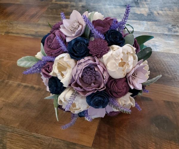 Purple Lavender Navy Off White Sola Wood Wildflower Bridal Bouquet, Moh Bridesmaid  Bouquet, Artificial Flower Bouquet,