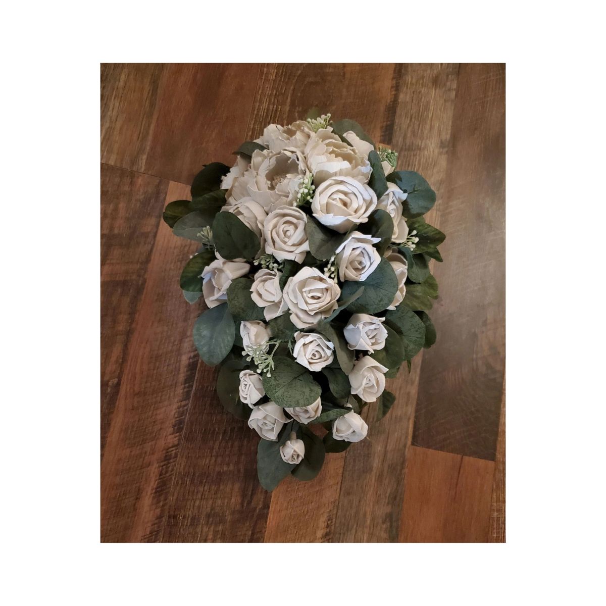 14PC White Peony Rose Sola Wood Cascade Bridal Bouquet Wedding Groom Flower Set