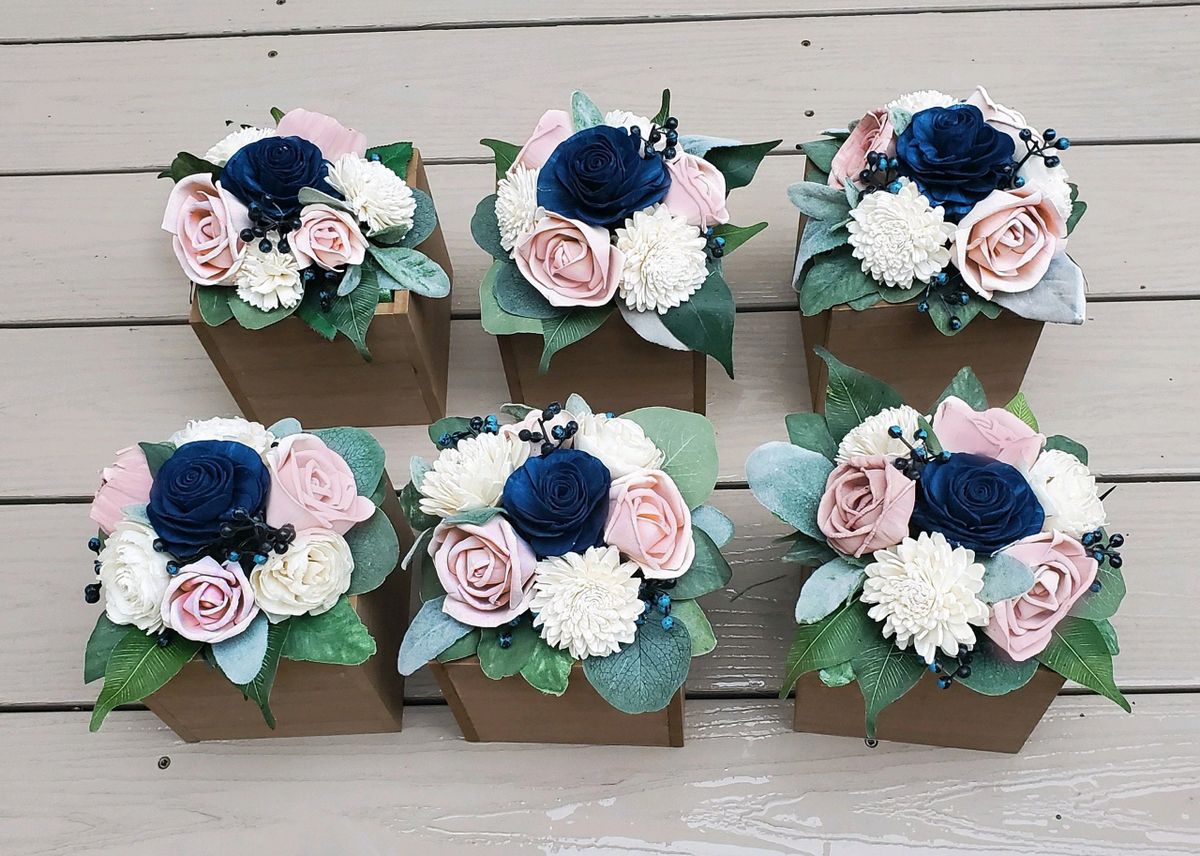 8PC Blush Pink Navy Blue Flower Centerpieces Sola Wood Wedding Baby Shower  Decor