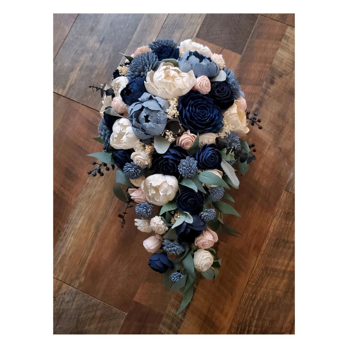 Dusty Blue Navy Pink Bridal Bouquet Blush Sola Wood Cascade Wedding Flowers