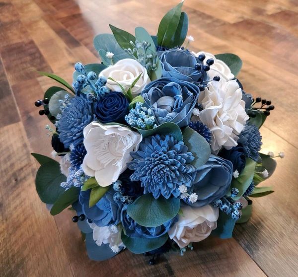 Dusty Blue And Navy Bridal Bouquet, Blue Sola Wood Bridal Bouquet, Blue  Thistle Bouquet, Dusty Blue