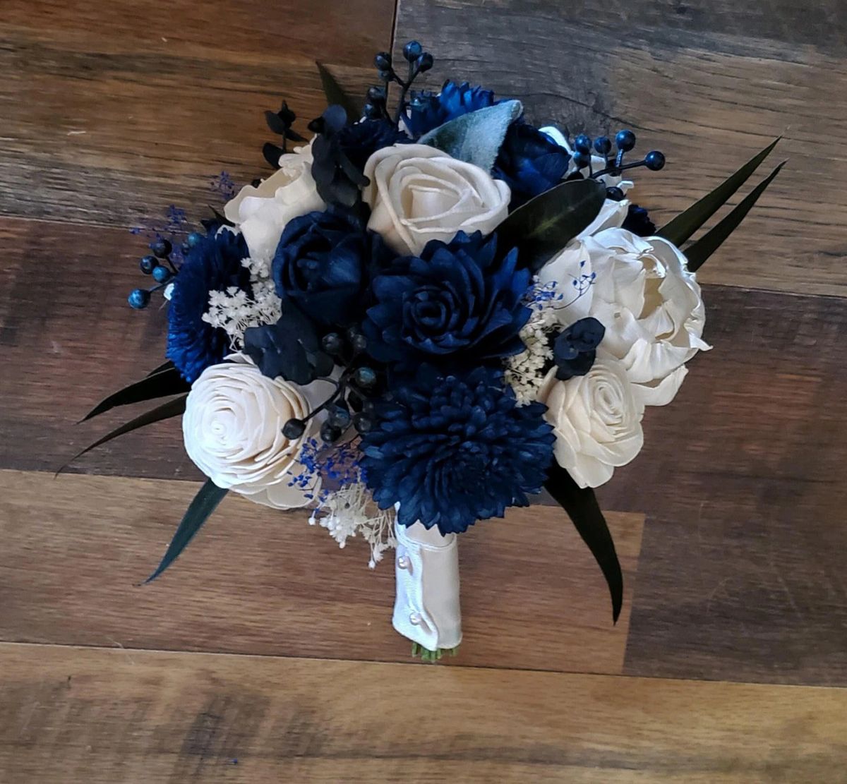 Navy Blue Wedding Bouquet, Navy Blue Baby's Breath Boutonnieres