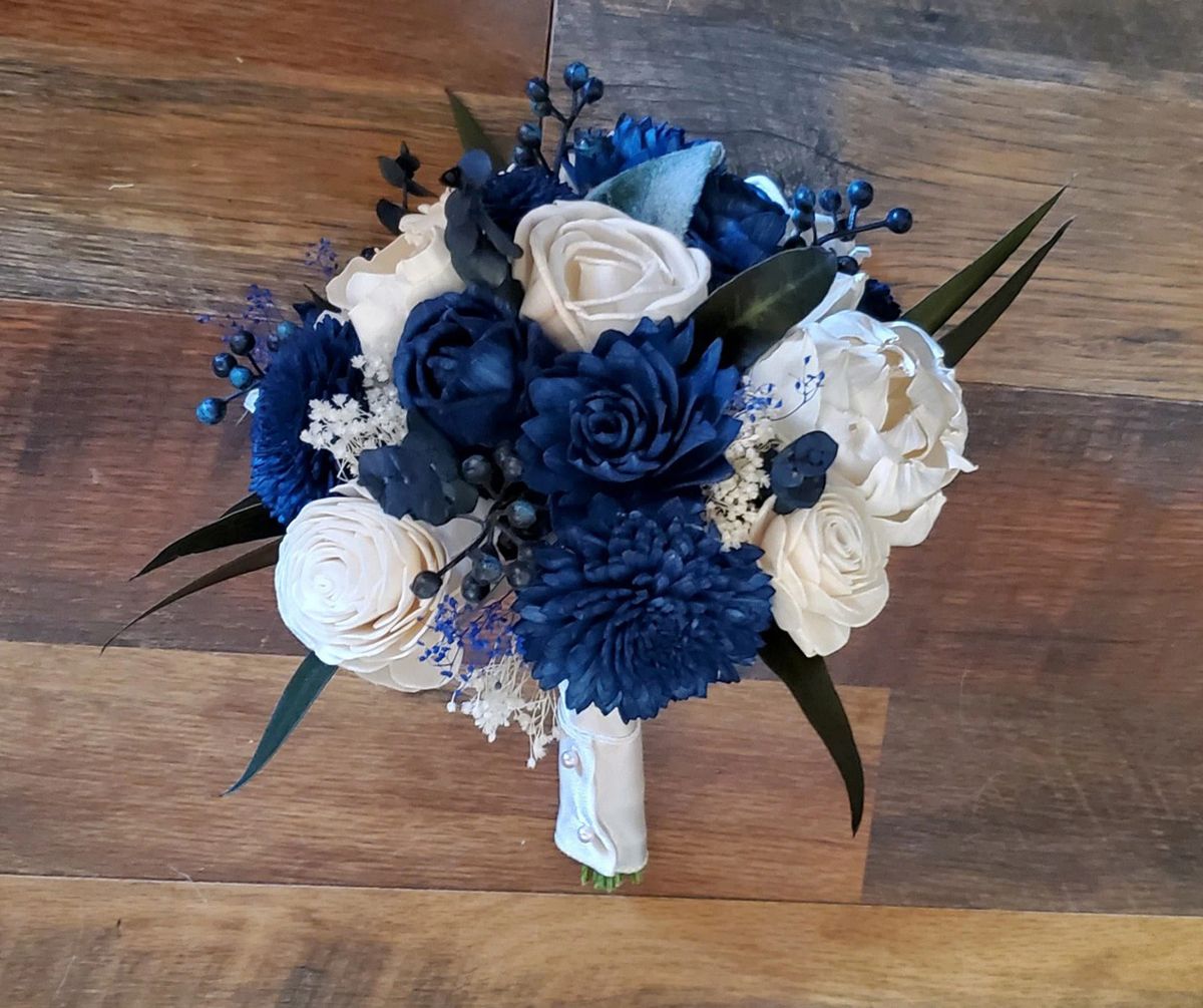 Navy White Bridal Bouquet Dark Blue Willow Bridesmaid Sola Wood Wedding Flowers