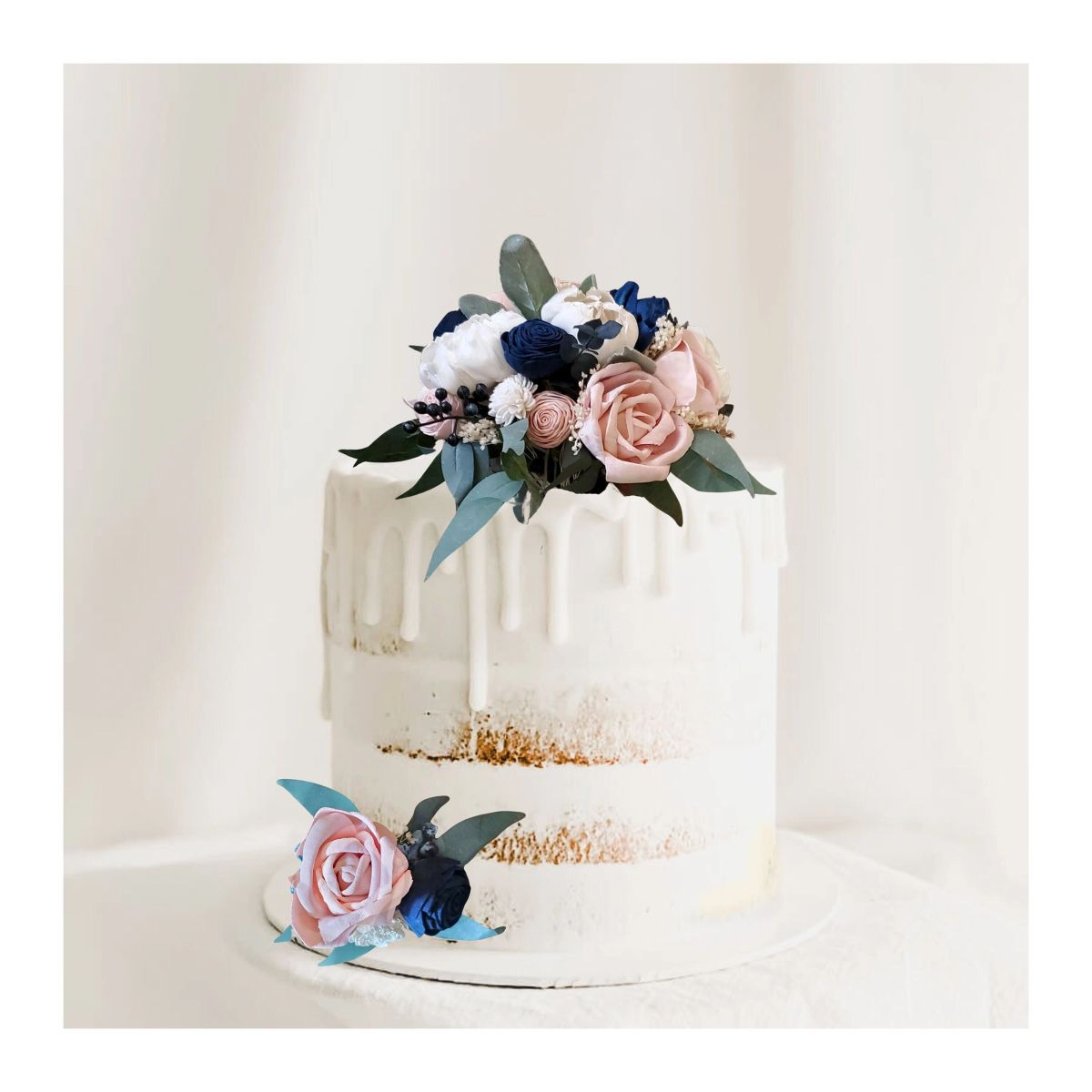 2PC Navy Blue Blush Pink Wedding Cake Flower Topper Sola Wood Reusable DIY Decor