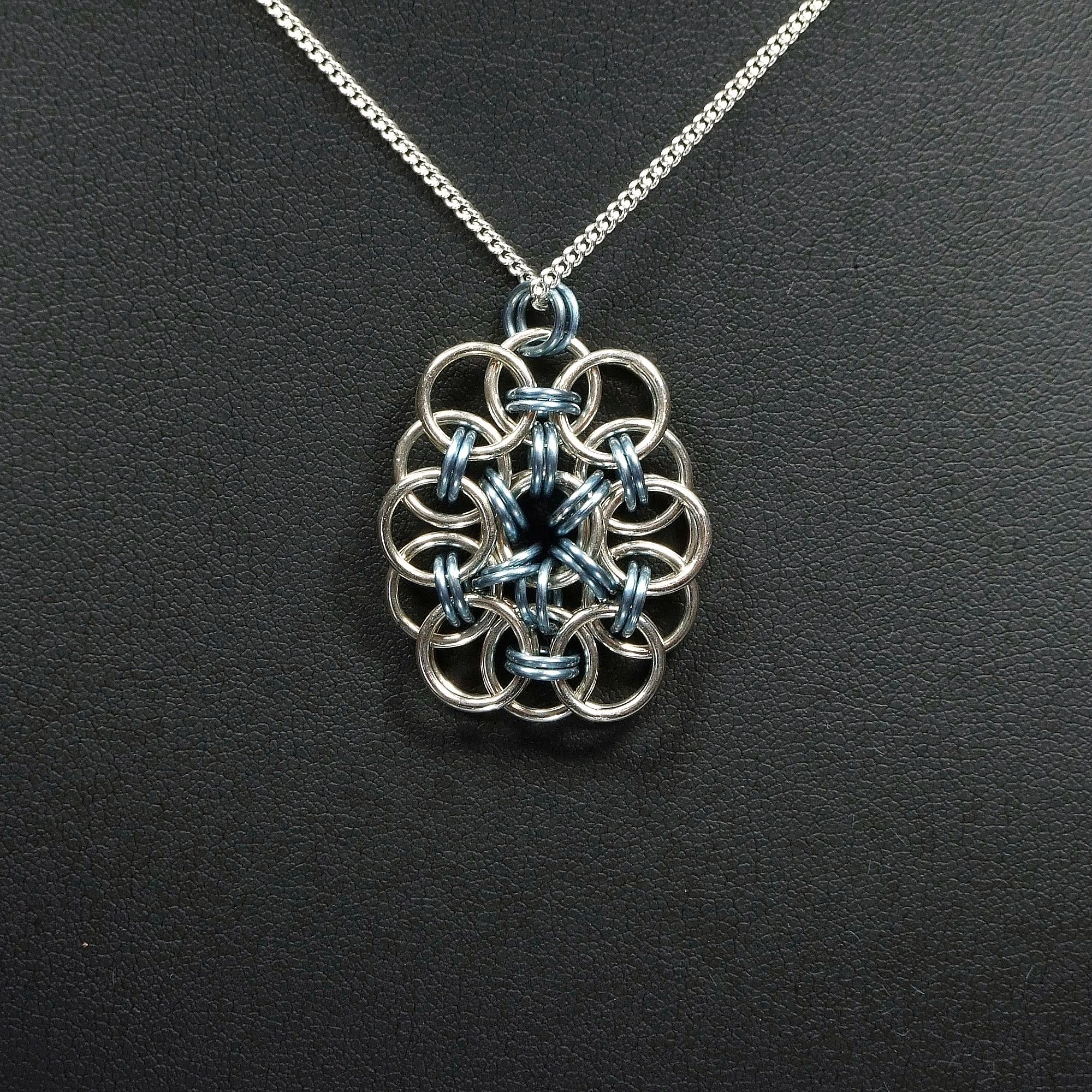 Handmade pendant chainmaille jewellery sterling silver pale blue titanium something blue silver fill