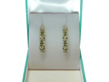 Handmade chainmaille earrings, Byzantine weave, silver fill + green/gold titanium, gift box included