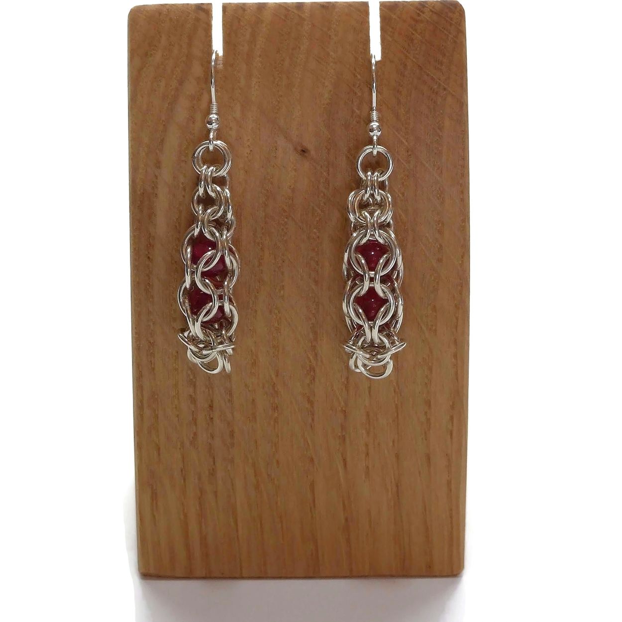 Rose Agate handmade captured bead Inverted roundmaille chainmaille earrings sterling silver earwires