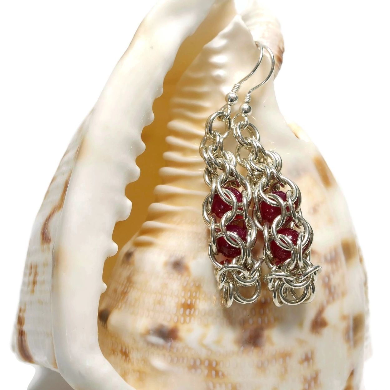 Rose Agate handmade captured bead Inverted roundmaille chainmaille earrings sterling silver earwires