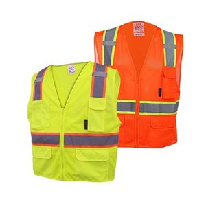 Two high-visibility safety vests, one orange and one yellow.