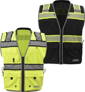 High-visibility safety vests in yellow and black.