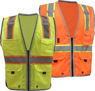 Two high-visibility safety vests, one neon yellow and one neon orange.