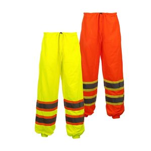 Two pairs of high-visibility safety pants in yellow and orange.