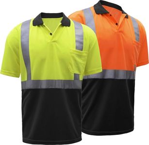 Two high-visibility polo shirts in yellow and orange.