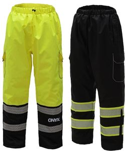 High-visibility work pants in yellow and black with reflective stripes.