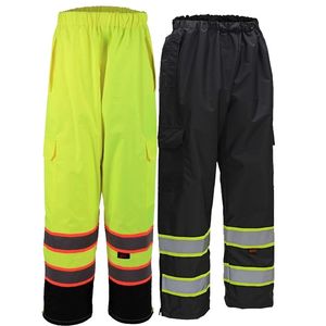 Two pairs of high-visibility waterproof pants in yellow and black.