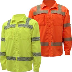 High-visibility safety shirts in yellow and orange with reflective stripes.