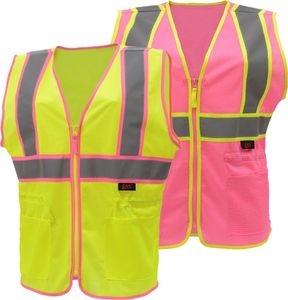 Two high-visibility safety vests, one yellow and one pink, with reflective stripes.