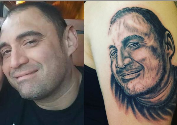 Black and grey portrait of a man, along with the original photo.