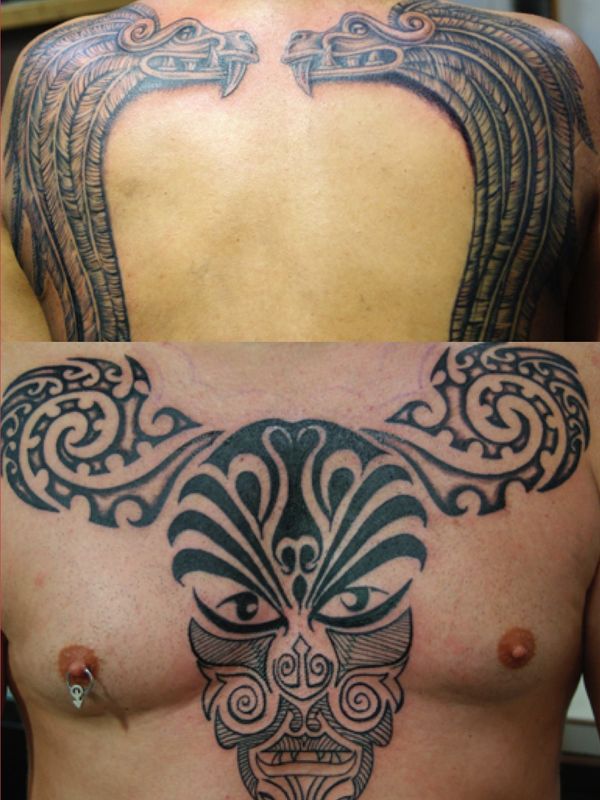 A photo of two Aztec dragon tattoos on a man's back and a photo of a tribal  tattoo face.