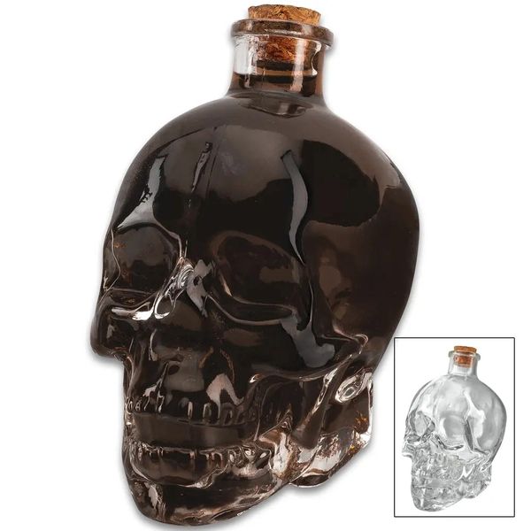 Glass Skull Decanter With Cork Stopper - One-Piece Quality Sculpted Glass, Highly Detailed - Dimensions 5”x 3 1/4”x 5 3/4”