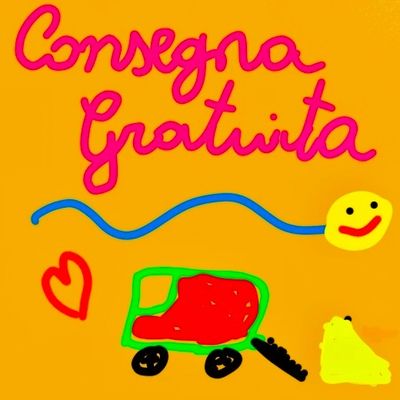 Disegno di un bambino che raffigura un camion che porta formaggi e con la scritta consegna gratuita