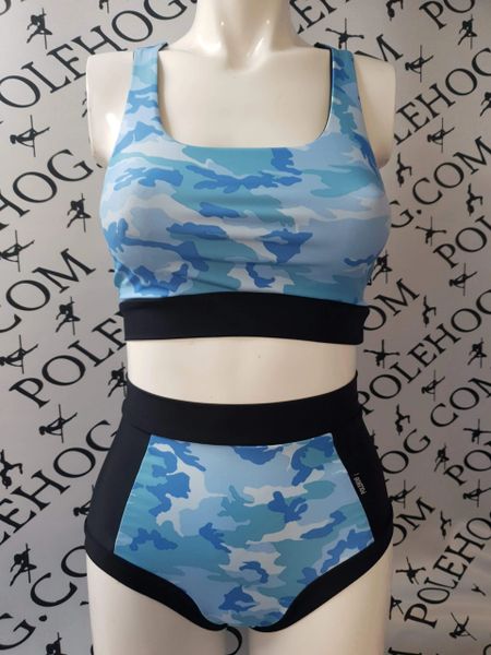 Blue camo (black sides) high waisted fitted pant