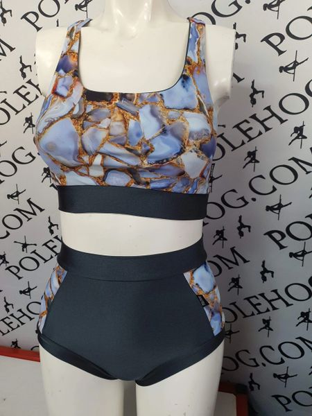 Blue geode with carbon bands (side) high waisted fitted pant