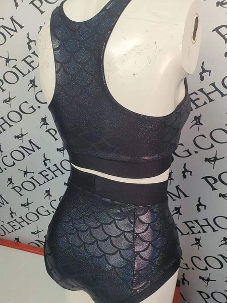Black holographic mermaid (full) high waisted panel pant