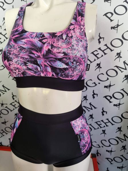Pink fantasy flowers with holographic foil (side) high waisted panel pant