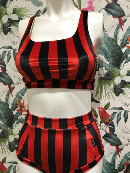 Red & black stripe velvet racer back