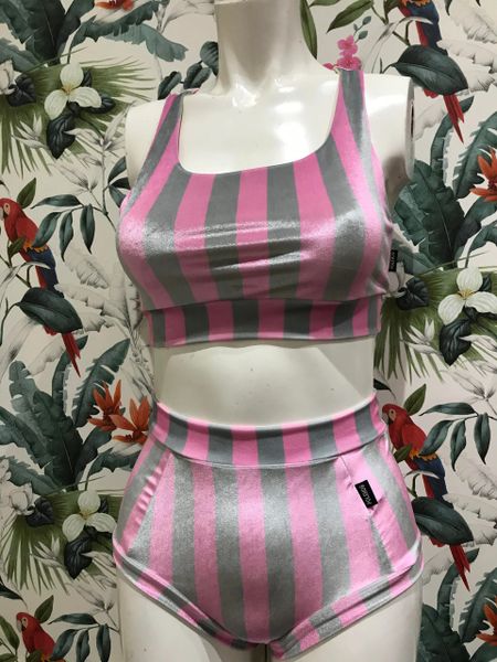 Silver & pink stripe velvet (full) high waisted panel pant
