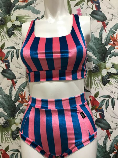 Pink & blue stripe velvet (full) high waisted panel pant