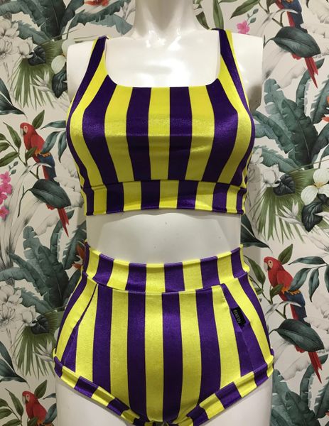 Yellow and purple stripe velvet (full) high waisted panel pant