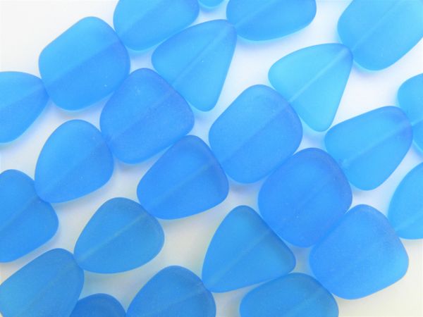Cultured Sea Glass BEADS 13 -15mm flat free form Pacific AQUA BLUE frosted matte finish bead supply for making jewelry