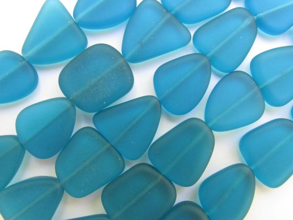 Cultured Sea Glass BEADS 13 -15mm flat free form TEAL BLUE frosted matte finish bead supply beach jewelry