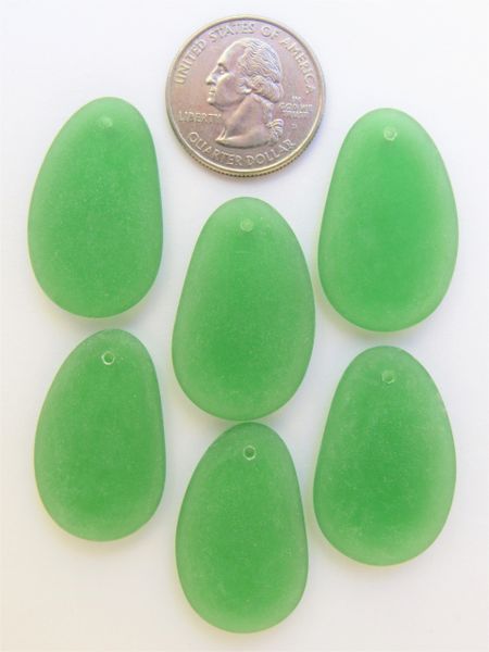 Cultured Sea Glass PENDANTS 33x20mm MEDIUM GREEN top Drilled frosted matte bead supply making jewelry