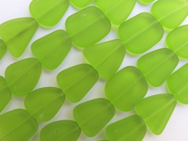Cultured Sea Glass BEADS 13 -15mm flat free form OLIVE GREEN frosted matte finish bead supply for making jewelry