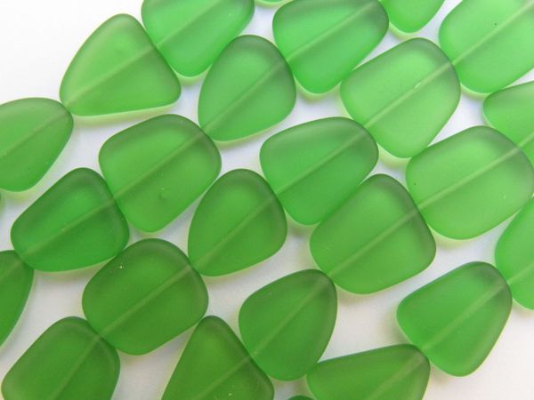 Cultured Sea Glass BEADS 13 -15mm flat free form GREEN frosted matte finish bead supply for making jewelry
