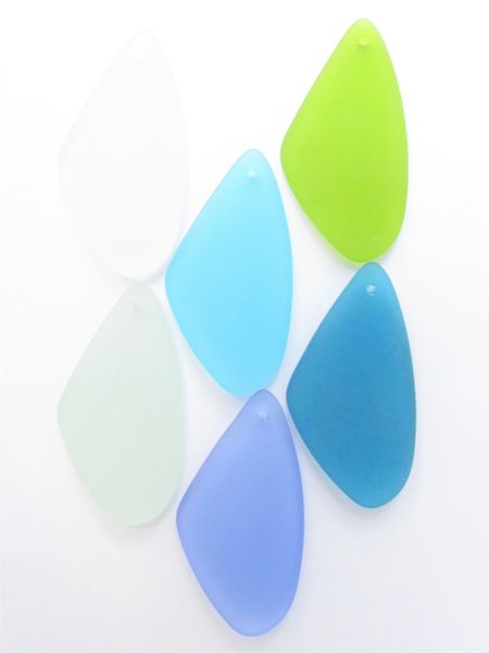 Cultured Sea Glass PENDANTS 53x22mm Triangle Necklace Pendant 6 pc Assorted Blue Green Top Drilled for making jewelry