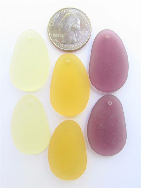 Cultured Sea Glass PENDANTS 33x20mm Yellow Purple Assorted 3 pairs top Drilled frosted matte bead supply making jewelry