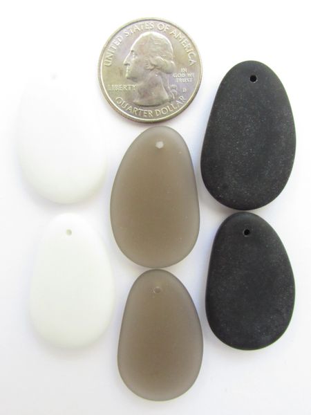 Cultured Sea Glass PENDANTS 33x20mm BLACK WHITE Assorted 3 pairs top Drilled frosted matte bead supply making jewelry