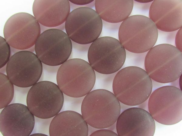 Cultured Sea Glass BEAD SUPPLY 15mm Coin Medium Amethyst frosted matte Strands for making glass