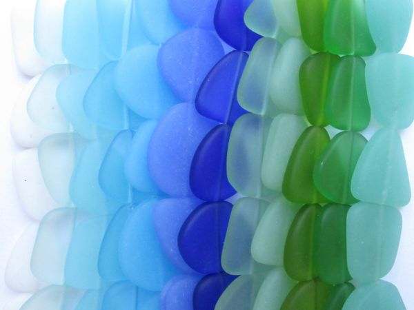 Cultured Sea Glass BEADS 22-24mm flat free form frosted assorted BLUE GREEN 12 strands bead supply for making jewelry