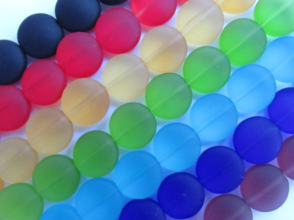 Cultured Sea Glass BEADS 12mm Coin length drilled 7 assorted strands frosted matte finish bead supply for making beachy jewelry