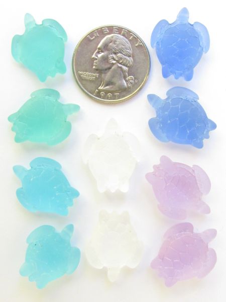 10 pc Cultured Sea Glass TURTLE PENDANTS 23x18mm frosted blue top drilled turtles for making jewelry