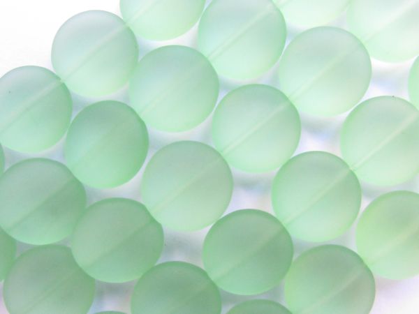 Cultured Sea Glass BEADS 15mm Coin Peridot Light Green recycled transparent frosted bead supply