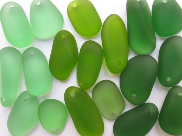 Cultured Sea Glass PEBBLE PENDANTS 36-22mm Assorted GREEN top drilled free form frosted large hole bead supply for making jewelry